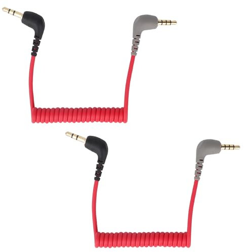 2pcs 3.5mm TRS Microphone Cable, Coiled Male to Male Audio Patch Cord Compatible with DSLR Cameras DJI Mic 2 & Rode Microphone Wireless Pro Accessories (Red, Black, Gray)