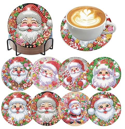 8 Pcs Christmas Diamond Painting Coasters, Santa Claus Diamond Art Coasters, Suitable for Christmas Interior Decoration (4x4 Inch, with Holder Cork Pads)