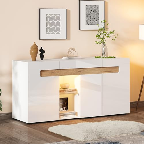 Gxffipw Sideboard Wohnzimmer mit 3 Türen und Glas Trennwände, Buffetschrank mit LED-Licht und 2 Offene Fächer, Wohnzimmerschrank, Vitrinenschrank, Highboard Schrank Weiß+Holzfarbe, 140x40x70 cm