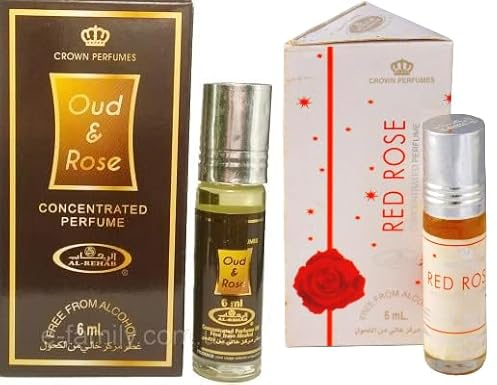 Oud & Rose and Red Rose Concentrated Perfume Oil Roll-On – Long Lasting Attar for Men & Women – Alcohol Free – 6ml Each (Pack of 2)