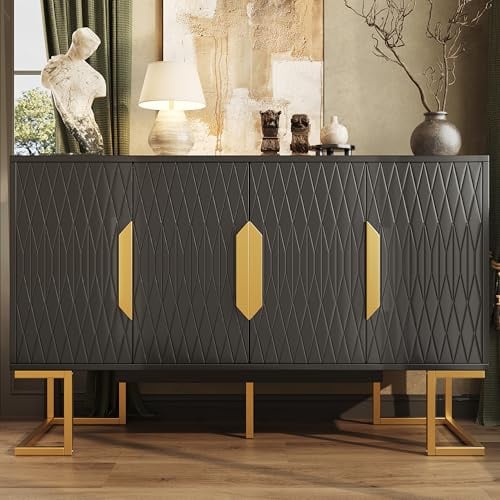 FammyLoft Moderner Sideboard mit 4 Türen, Seitenschrank mit 2 höhenverstellbare Regale, Anti-Dumping, Ideal als Aufbewahrungsschrank, Küchenschrank oder Anrichte, 140 * 40 * 80 cm, Schwarz