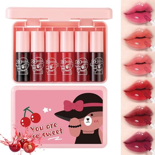 6 Farben Lip Tint Stain Set,Lip Stain Langhaftend Wasserfest,Glänzend Feuchtigkeits Flüssiger Lippenstift spendend Mini & Tragbar