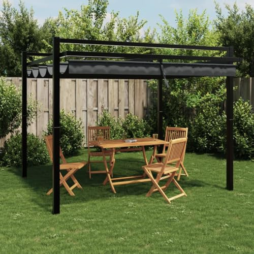 Cenador de jardín con techo extensible antracita 3 x 3 m de aluminio, pérgola robusta para terraza y jardín, tela resistente a los rayos UV