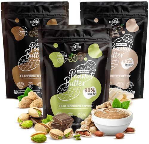 Burro d'arachidi in polvere Nustino, confezione da 3 – Classico, Cioccolato bianco e cocco, Pistacchio e cioccolato, 3 x 400 g