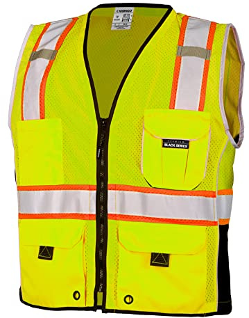 Kishigo Premium Black Series Unisex Heavy Duty Reflective Safety Vest 1513, ANSI Type R / Class 2 Compliant, 6 Pockets - Pencil and Radio Pockets, Reflective Silver Lining and Black Trim (Lime), Large