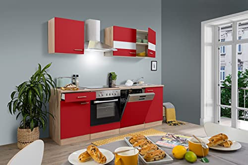 respekta Küche Küchenzeile Küchenblock Einbauküche Eiche Rot Merle 220 cm