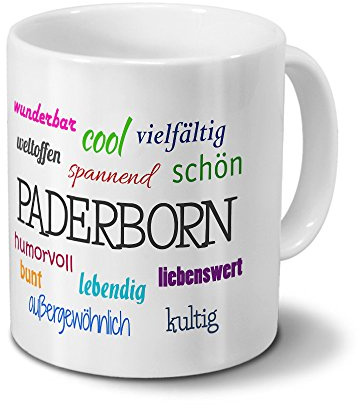 digital print Städtetasse Paderborn - Motiv Positive Eigenschaften - Stadt-Tasse, Kaffeebecher, Mug, Becher, Kaffeetasse - Farbe Weiß
