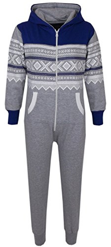 A2Z 4 Kids Boys Girls - Aztec Onesie Grey & Royal 11-12 | All In One Jumpsuit For Nightwear Lounging And Easy Bedtime Comfort