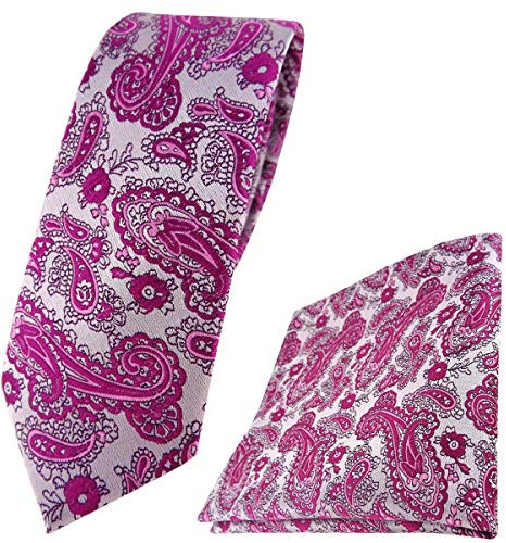 TigerTie - schmale Designer Krawatte Designer Einstecktuch in magenta silber Paisley gemustert