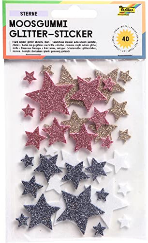 folia 23786 - Moosgummi Glitter Sticker, Sterne, sortiert in weiß, gold, rosa und blau, verschiedene Größen, 40 Stück - Ideal zum Verzieren und Dekorieren von Grußkarten usw.