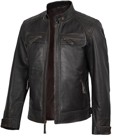 Chaqueta de cuero para hombre fjackets estilo motocicleta - Chaquetas de cuero acolchadas Cafe Racer para hombre, M