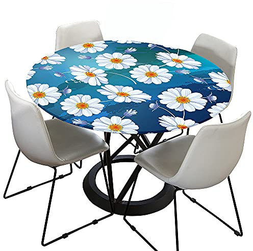Chickwin-Shop Tischdecke Abwaschbar Rund 120cm, Elastisch Lotuseffekt Daisy Table Cloth für Garten Restaurant, Ideal für 100cm-110cm