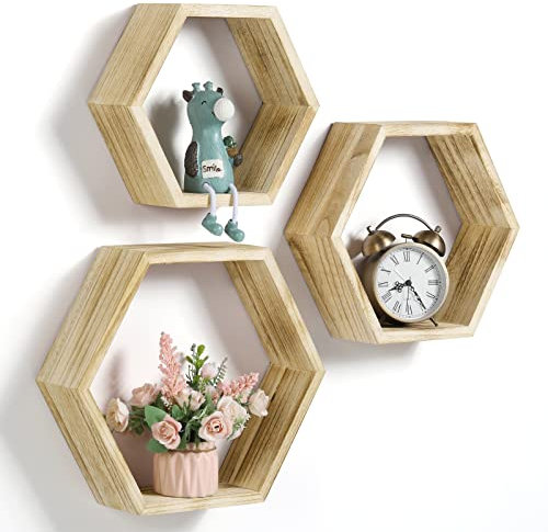 YBING Schwebendes Sechseck-Regal Wandregal aus Holz, Waben-Wandregal, 3er-Set, sechseckiges Wand-Dekorationsregal, Waben-Aufbewahrung, Hängeregale für Bauernhaus, Wohnzimmer, Schlafzimmer, Hellbraun