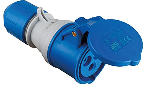 as - Schwabe - Acoplamiento CEE con indicador de tensión POWERLIGHT 230 V, 16 A, tripolar, acoplamiento para exteriores, IP44, protegido contra salpicaduras de agua, apto para exteriores, azul