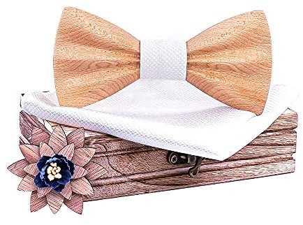 HZQIFEI Jeu de Nœud Papillon en Bois, Noeud Papillon Bois avec Carré de Tissu et Broche en Bois pour Cadeau, Réception, Mariage (C17, 3Pcs)