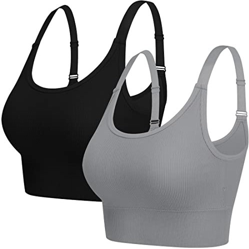 ANGOOL Sport BH Damen Starker Halt Push Up Einstellbarer Schultergurt Sport Bustier Damen Gepolstert Nahtlose Ribbed Ohne Bügel Joggen Yoga Fitness, Schwarz+grau, XL