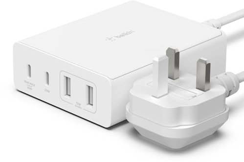 Belkin 108W GaN USB Charging Station for Multiple Devices, 2 USB Type C and 2 USB A Fast Desktop Charger Dock Hub for MacBook, Pro, Air, iPhone, Plus, Pro, Max, iPad, Samsung Galaxy, Pixel and More