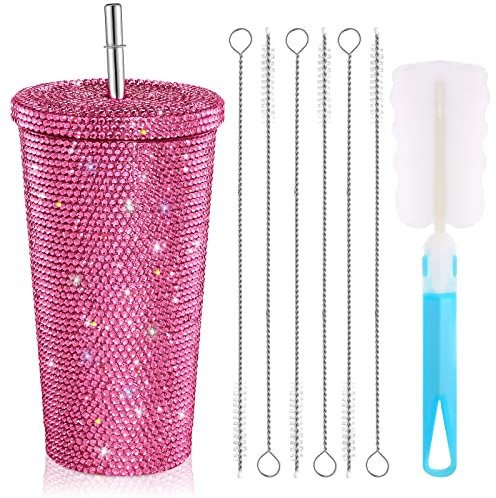Mimorou 16.9 Oz Bling Diamond Studded Tumbler Glitter Water Bottle Lid Stainless Steel Vacuum Thermal Straw Tumbler Rhinestone Tumbler 1 Pcs Cup Brush 6 Pcs Straw Brushes for Women Girl (Pink)