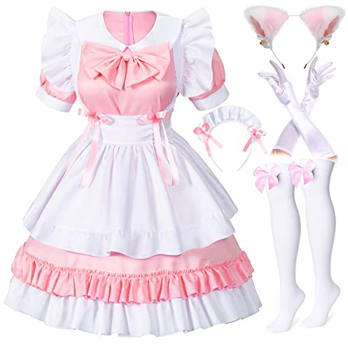 Irtysh Costume Kawaii pour fille – Robe de soubrette française – Gants d'oreilles de chat en fourrure – Ensemble chaussettes – Rose/blanc – Taille M