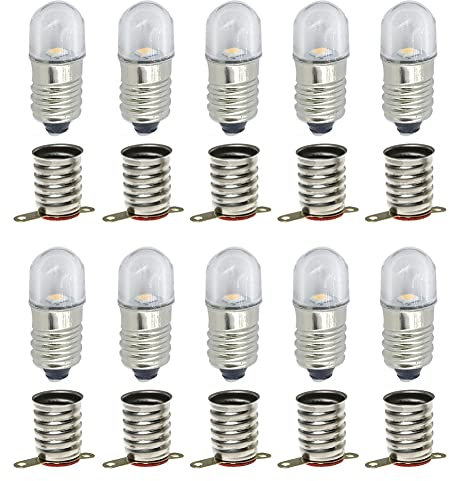 MeetUs 10 Juegos AC E10 3V Bombillas LED Blanco Frio Bombillas SMD 0.5W 60LM Bombillas Con Base de Tornillo + 10 E10 Base (3V, Blanco frio)