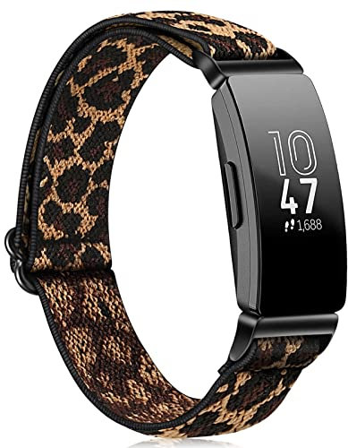 FINTIE Elastische Bänder, kompatibel mit Fitbit Inspire 2 1 HR/Ace 3 2, verstellbares dehnbares Nylon-Schlaufenband, atmungsaktives Ersatzband, Zubehörarmband, Leopardenmuster