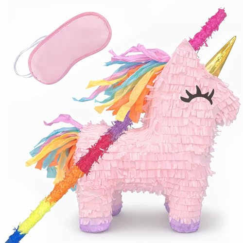 GIFTEXPRESS 16 Pink Unicorn Pinata with 33 Inch Pinata Stick & Blinfold - Mexican Theme Party Decoration for Birthdays, Fiestas & Cinco de Mayo, Kids Party Favors, Easy Fill & Hang Loop