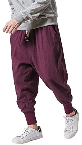 Pantalon d'été baggy pour homme - Pantalon sarouel japonais - Couleur unie - En coton et lin - Décontracté - Long - Léger et respirant - Grandes tailles - M-3XL, Rose 1, L