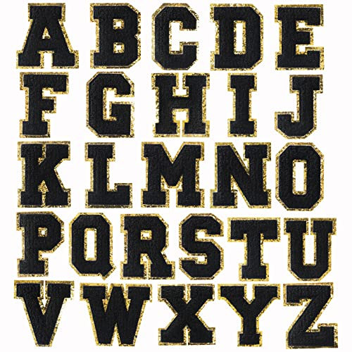 26 Pieces Black Chenille Letter Patches, Embroidered Letters, Glitter Patches, Varsity Iron on Gold Letter Patches, Adhesive Sticker Letter Patch 3.1in Height