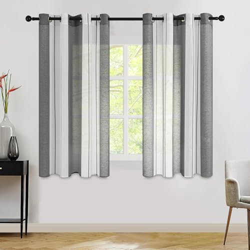 MRTREES 2 Pièces de Rideaux Voilage Blanc et Gris Noir 140x122 cm Fils Teints Rayé à Oeillets Rideau CuisineTamisant Élégant pour Porte-Fenêtre Décoration de Salon Chambre Baie Vitrée