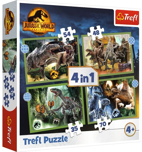 Tréfl - Jurassic World Dominion, Dinosaures Dangereux - Puzzle 4en1, 4 Puzzles, 35 à 70 Pièces - Puzzles avec Dinosaures, Jurassic Park, Différents Degrés de Difficulté, pour Enfants à partir de 4 ans