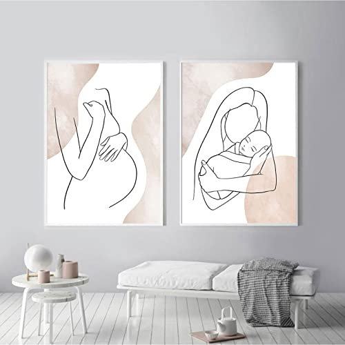 TITINGLUCK Maternité Affiche Femme Enceinte Ligne Art Imprimer Nouveau-Né Boho Pépinière Toile Peinture Mur Photo Chambre Fête Des Mères 70x100cm(28x39in) x2 Sans Cadre