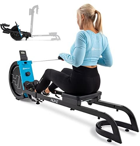 Hop-Sport HS-075R Rudergerät klappbar für zuhause – Rudermaschine mit 16-stufigem Magnetwiderstand, Schnellklappsystem zur platzsparenden Aufbewahrung und Aluminium- Doppel-Gleitschiene (Schwarz/Blau)