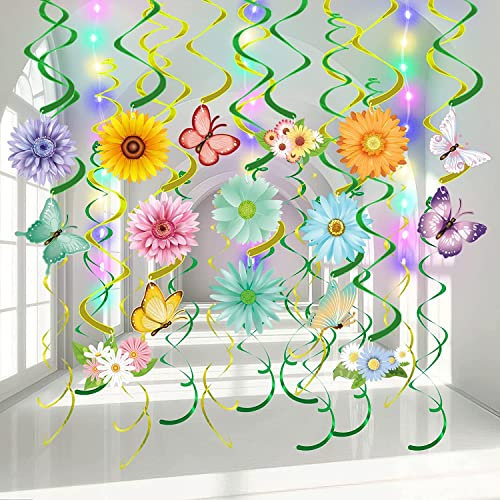 OuMuaMua 33pcs Spring Hanging Decorations for Home - Flower Butterfly Hanging Swirls with Led Lights for Spring Summer Easter Flower Butterfly Themed Birthday Party Decorations