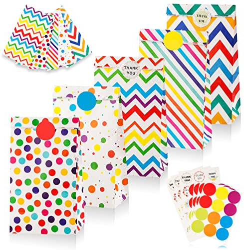 Leenou Papiertüten, 40 Stück Bunte Geschenktüten mit 93 Aufkleber Geburtstagstüten Kinder Candy Tüten zum Verpacken Geschenken, Kindergeburtstag, Hochzeit, Party, Feiern