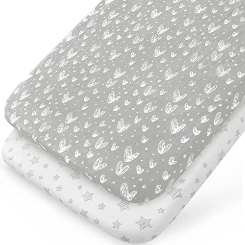 2 Pack Crib Sheets Fitted,100% Hypoallergenic Jersey Cotton, Fits for Snuzpod Bedside Cribs, Kinderkraft Baby Crib LOVI, Grey and White Print