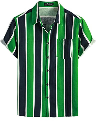 LucMatton Men's Casual Linen Breathable Vertical Stripes Print Shirt Summer Short Sleeve Button up Hawaiian Vacation Tops Black Green XX-Large