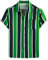 LucMatton Men's Casual Linen Breathable Vertical Stripes Print Shirt Summer Short Sleeve Button up Hawaiian Vacation Tops Black Green XX-Large