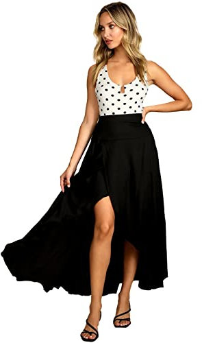 Wickelrock Damen Lang Rock mit Schlitz Midirock Asymmetrische Hohe Taille Sommerrock Leicht Wickel Maxiröcke Einfarbig Urlaub Boho Strandrock Elegant Freizeitrock Retro Swing Rock Casual Schwarz M