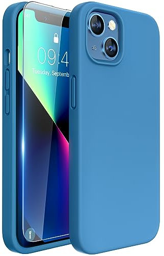 Miracase Designed for iPhone 13 Case with Screen Protector, [Soft Anti-Scratch Microfiber Lining], Shockproof Liquid Silicone Rubber Phone Case Cover for 13 6.1 inch(Capri Blue)
