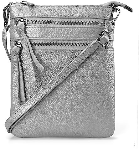 befen Echtleder Umhängetasche Damen Klein Handtasche Leder Crossbody Bag mit 4 Fächern, Handytasche zum Unhängen Damen mit verstellbarem Schultergurt, Silber