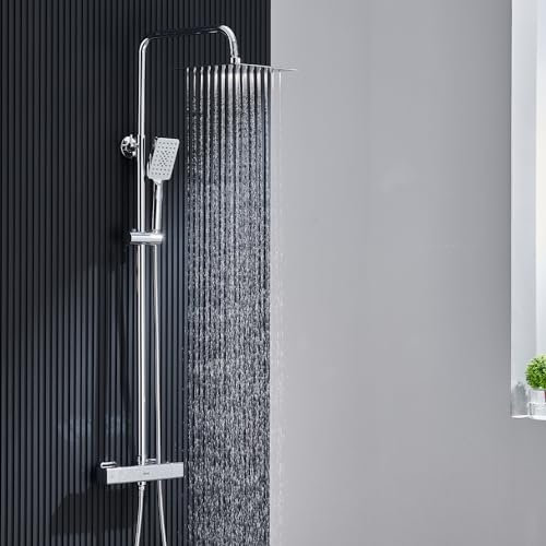 Ulytid Columna Ducha Termostática Cromo, Conjunto Ducha con Grifo Termostatico 38℃, Ducha de Mano de 3 Modos, Sistema Ducha Lluvia Cuadrada 25x25cm, Acero Inoxidable Barra de Ducha Altura Ajustable