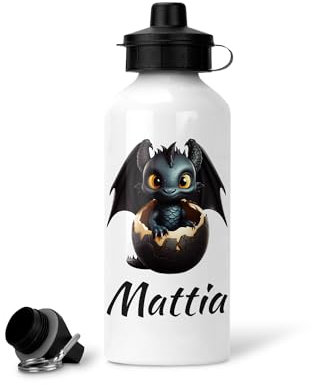 Fashion Graphic Borraccia bottiglia personalizzata con nome drago draghetto borraccia personalizzata bambino per asilo scuola 600ml (Nero)