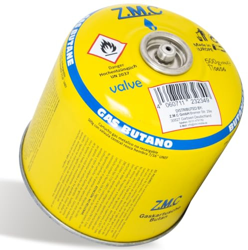 Z.M.C 1x Gaskartusche 500g 990ml Butan Propan Schraubventil EN417 Camping | 7/16 Zoll Eurogewinde | Verschlussautomatik sicher | Brenndauer 5-11 h | wintertauglich