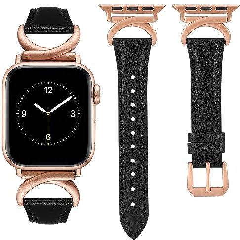 TOYOUTHS Leather Strap Compatible with Apple Watch Straps 41mm 40mm 42mm 38mm Women Slim Thin Dressy Designer Strap with C-Shaped Metal Buckle for iWatch 10/9/8/7/6/5/4/3/2/1/SE, Black/Rose Pink