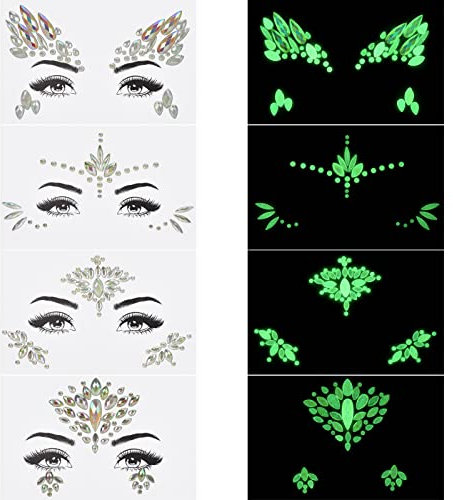 4 nachtleuchtende Edelsteine für Gesichtelbstklebend emporäre Tattoos Glitzer Schmucksteine Strass Gesicht Juwelen Kristalle Strasssteine für Musikkarneval, Party, Make-up