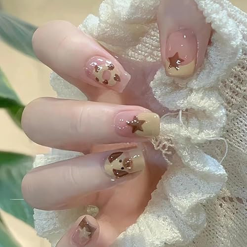 24 pcs Short Square False Doughnut Start Cute Dog Stick on Nails: Nude & Pink Press on Nails Remove Glue on Full Cover Fake Nails Brides & Women's Nail Art Accessories