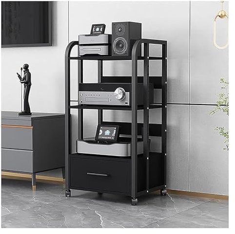 hifi rack Audio-Rack-Schubladenteiler auf Rollen – Medienregal aus Metall mit höhenverstellbarer Halterung – schwarzes Eck-Unterhaltungsregal, Aufbewahrungsständer für Schlafzimmer(With drawers 4 Tier