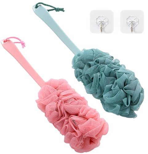 2 cepillos de baño con mango largo, 2 ganchos, cepillos de ducha, cepillo de espalda con mango largo para ducha, parte trasera de esponja con mango largo, cepillo corporal para ducha, cepillo de baño