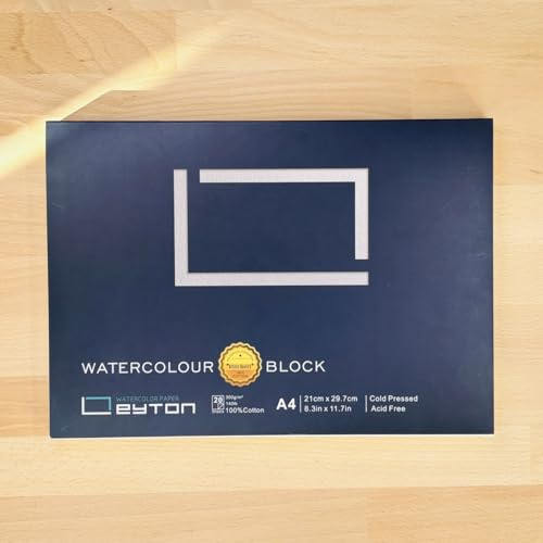 Leyton Papier Nouveauté Bloc A4 pour l'Aquarelle 100% coton, Grain Fin, pressé à froid, 300g/m², 21cm x 29,7cm, 20 feuilles, collé 4 côtés, non blanchi, sans acide, qualité artiste
