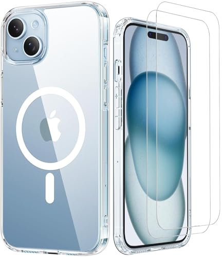 NWNK13 for iPhone 15 Case, Compatible with MagSafe, [Military Grade Drop Protection] with 2 Screen Protector, Transparent Slim Fit, Magnetic Phone Case for iPhone 15, Clear (clear - mag)